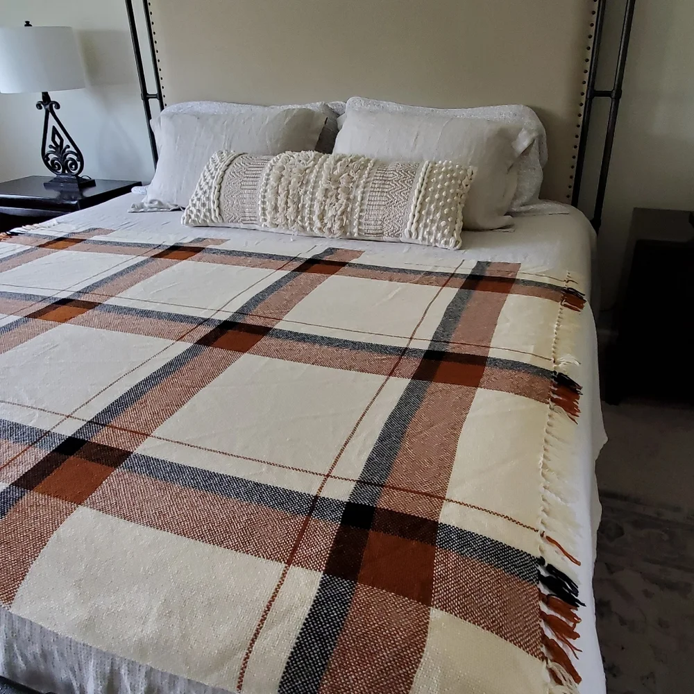 We Three Weavers Handwoven 100% Wool Cream/Black/Terra Cotta Plaid Throw Blanket